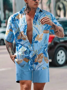 12089 2c-282 Conjunto Masculino De Dos Piezas De Camisa Estampada Tropical Y Pantalones Cortos De Color Sólido