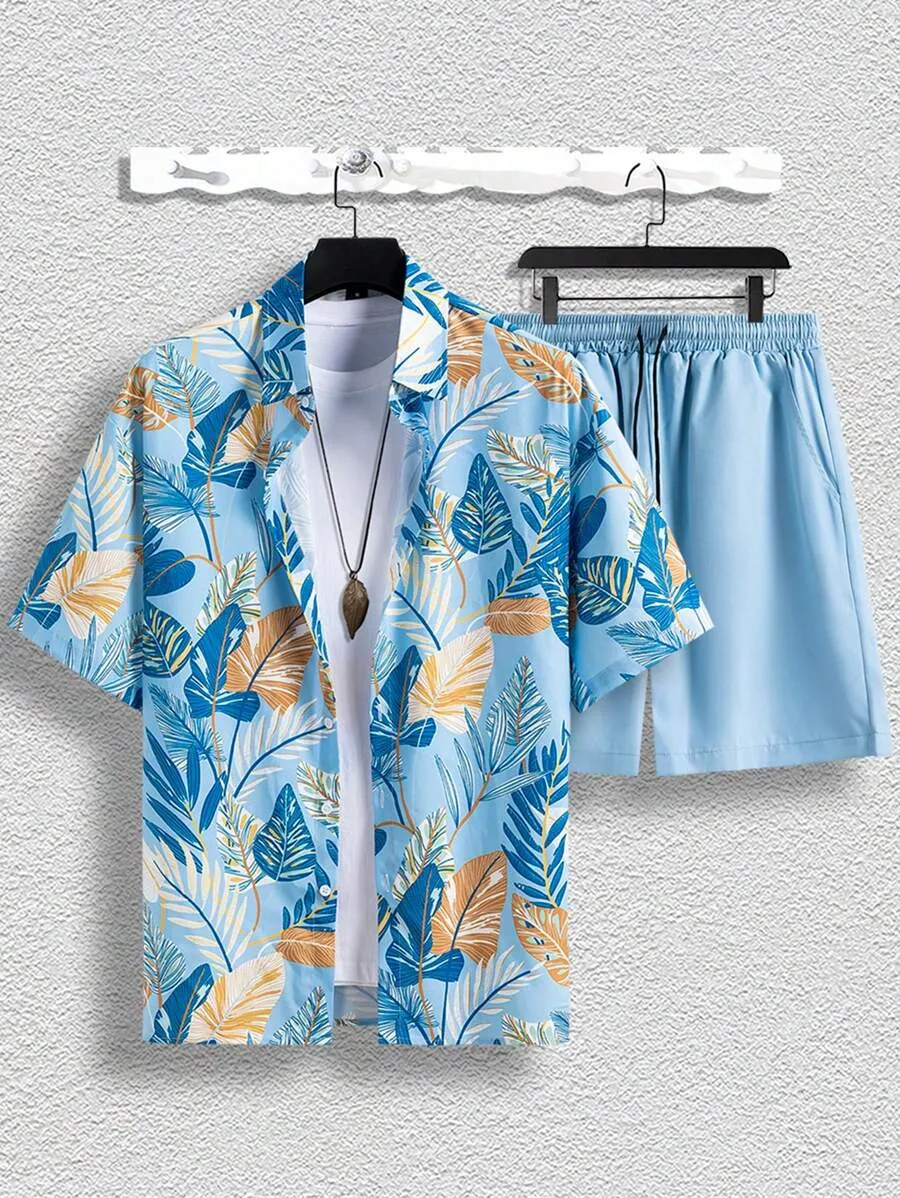 12089 2c-282 Conjunto Masculino De Dos Piezas De Camisa Estampada Tropical Y Pantalones Cortos De Color Sólido