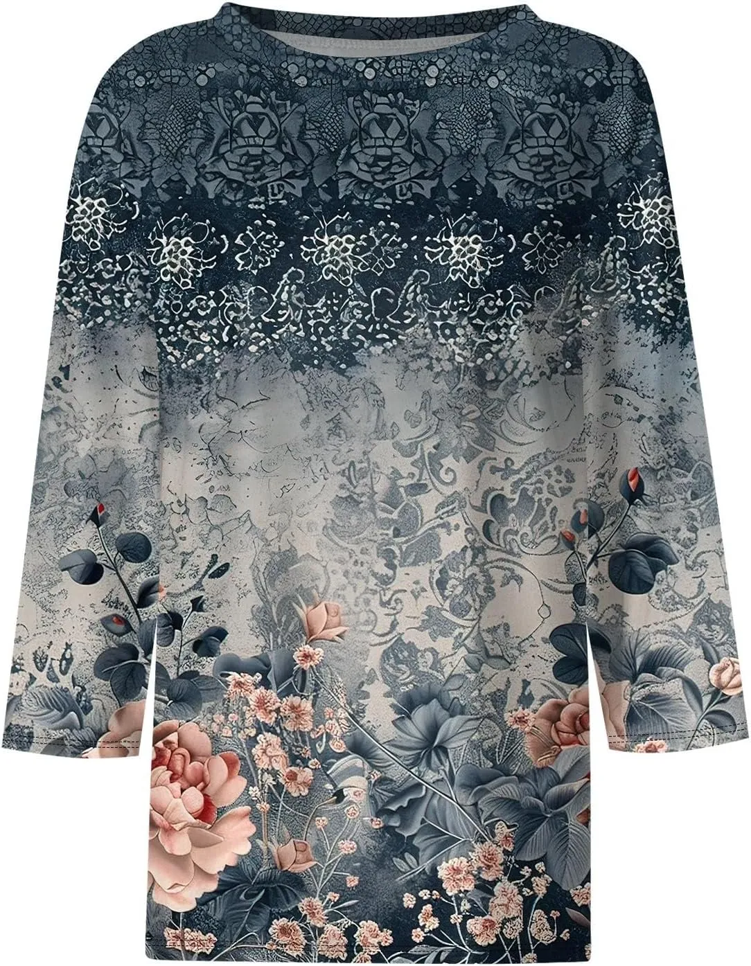 2025 Summer Shirts for Women 3/4 Length Sleeve Crewneck Tops Casual Loose Fit Shirt Floral Printed Cute Blouse