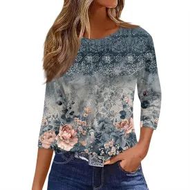2025 Summer Shirts for Women 3/4 Length Sleeve Crewneck Tops Casual Loose Fit Shirt Floral Printed Cute Blouse