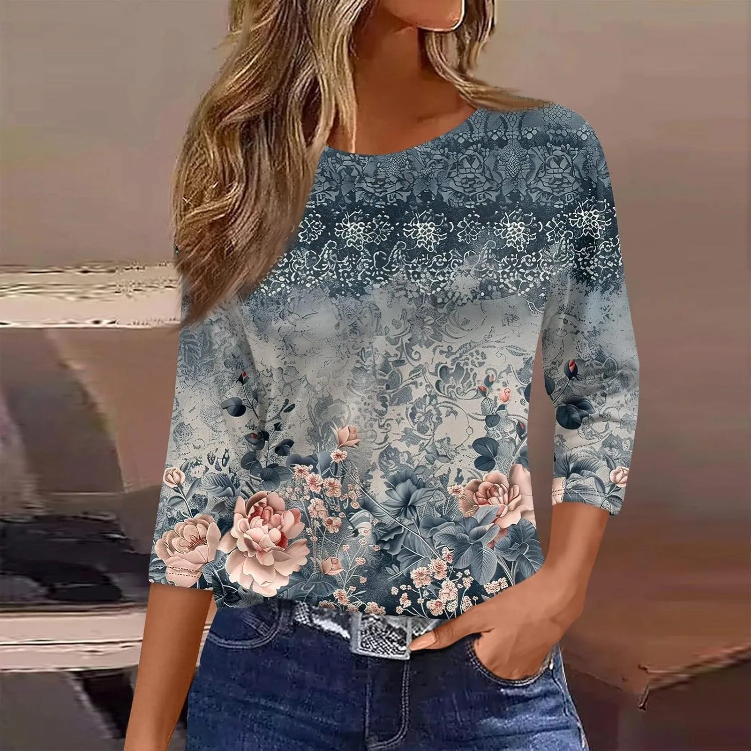 2025 Summer Shirts for Women 3/4 Length Sleeve Crewneck Tops Casual Loose Fit Shirt Floral Printed Cute Blouse