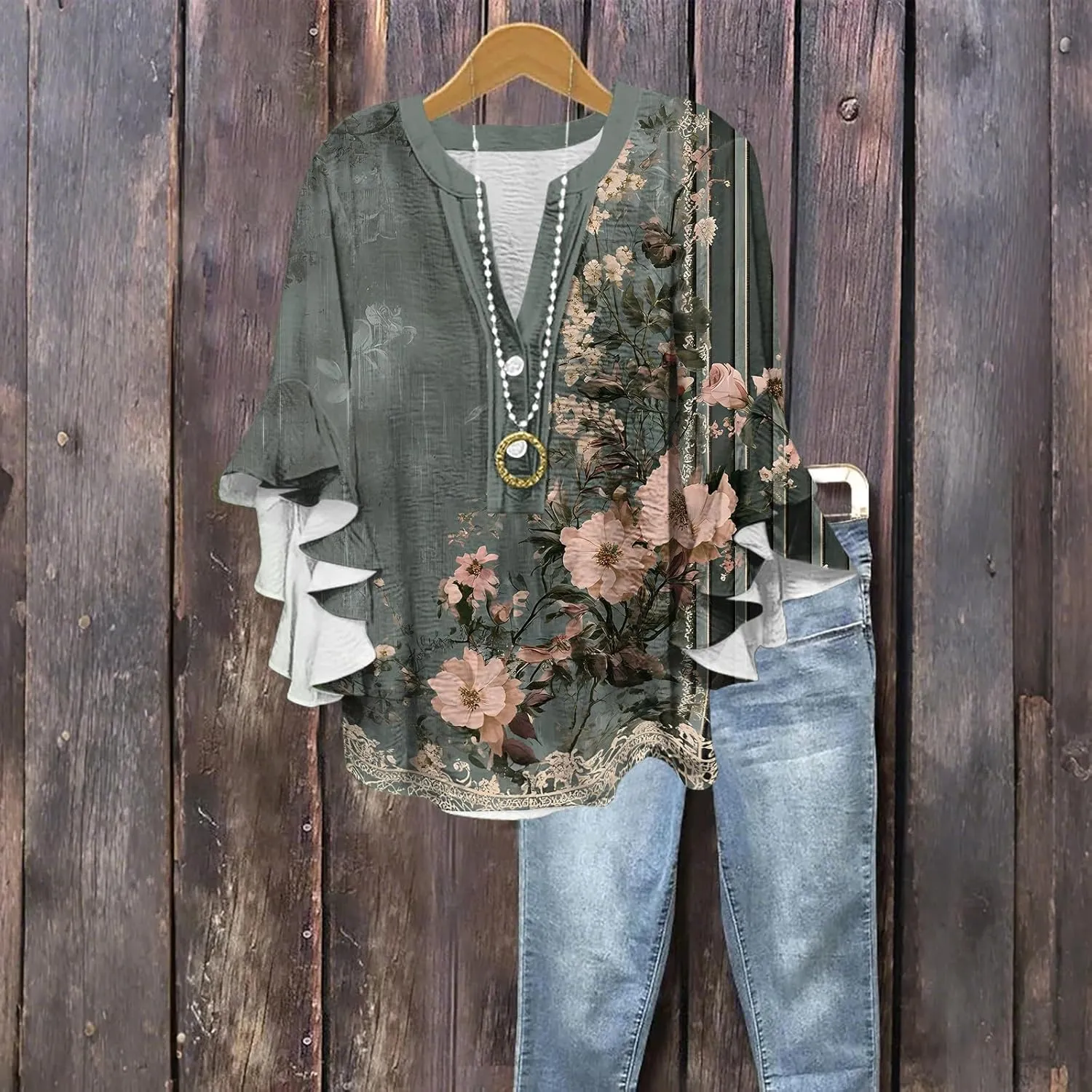 3/4 Length Sleeves Womens Tops - Floral Shirts Flowy Ruffle Sleeve Tops Half Button Down Shirt Summer V Neck Blouse