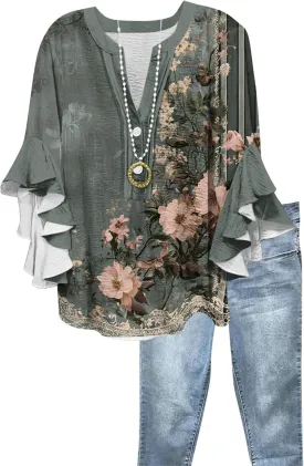 3/4 Length Sleeves Womens Tops - Floral Shirts Flowy Ruffle Sleeve Tops Half Button Down Shirt Summer V Neck Blouse