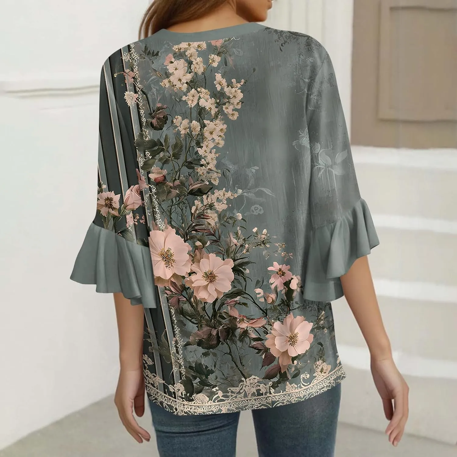 3/4 Length Sleeves Womens Tops - Floral Shirts Flowy Ruffle Sleeve Tops Half Button Down Shirt Summer V Neck Blouse
