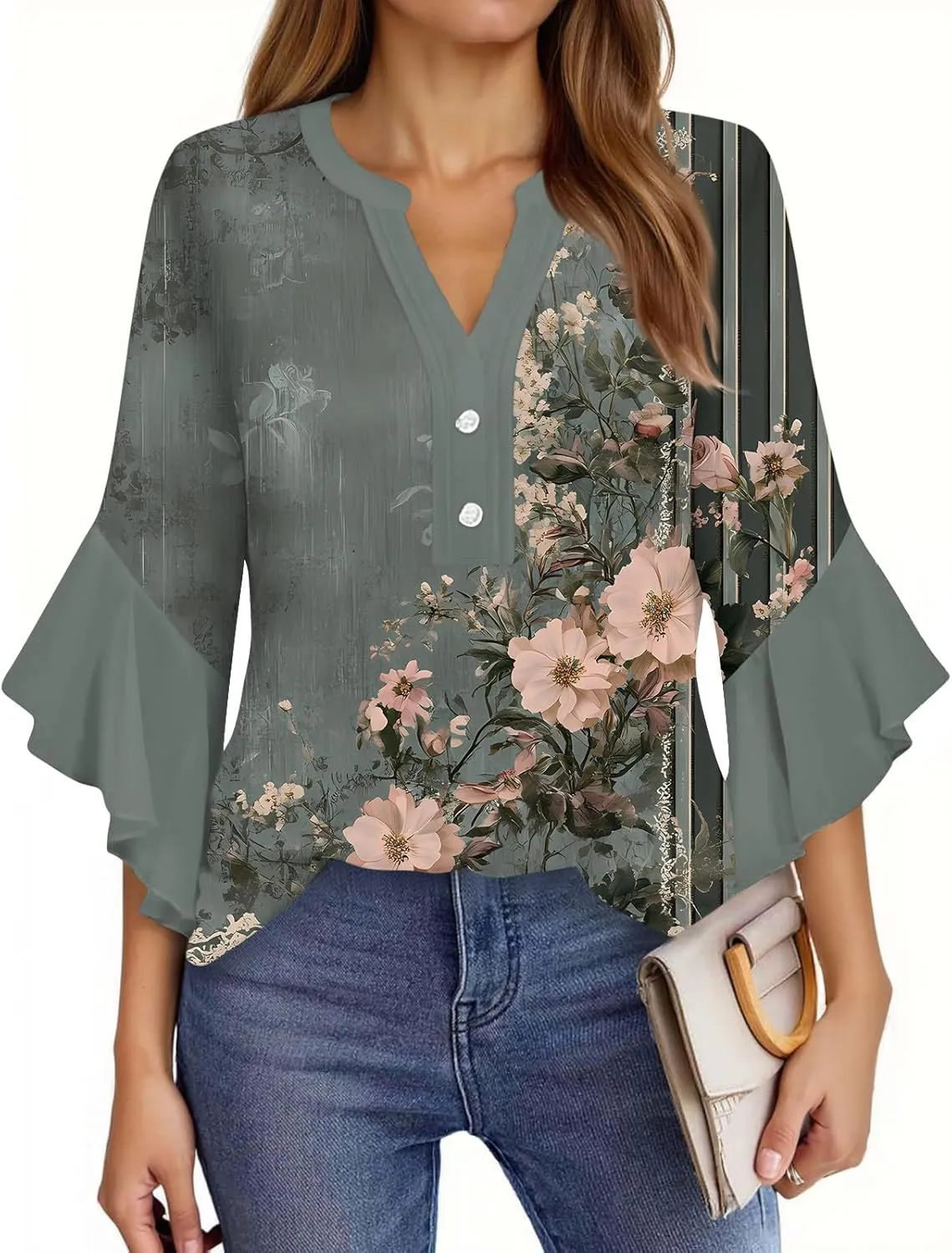 3/4 Length Sleeves Womens Tops - Floral Shirts Flowy Ruffle Sleeve Tops Half Button Down Shirt Summer V Neck Blouse