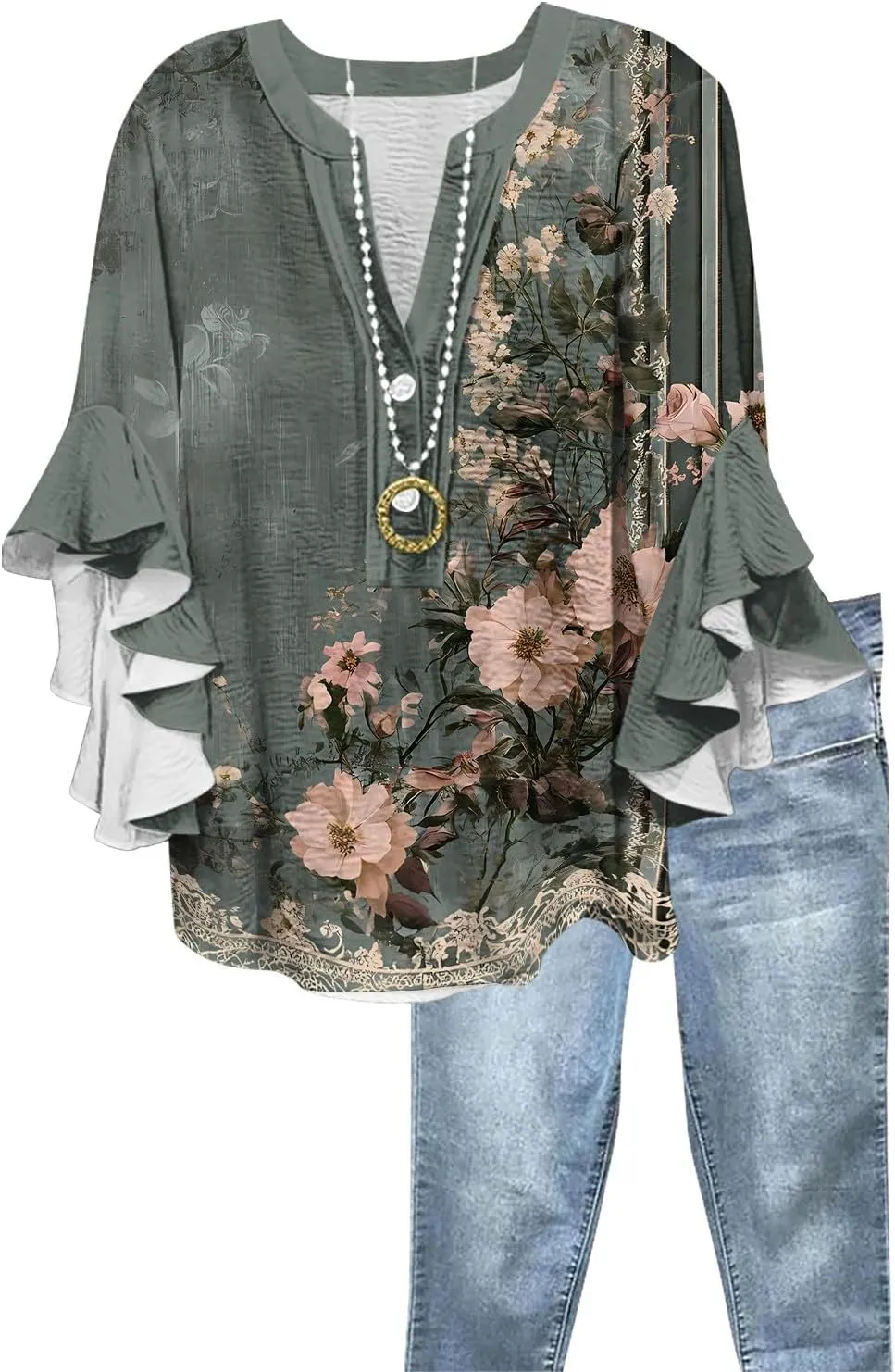 3/4 Length Sleeves Womens Tops - Floral Shirts Flowy Ruffle Sleeve Tops Half Button Down Shirt Summer V Neck Blouse