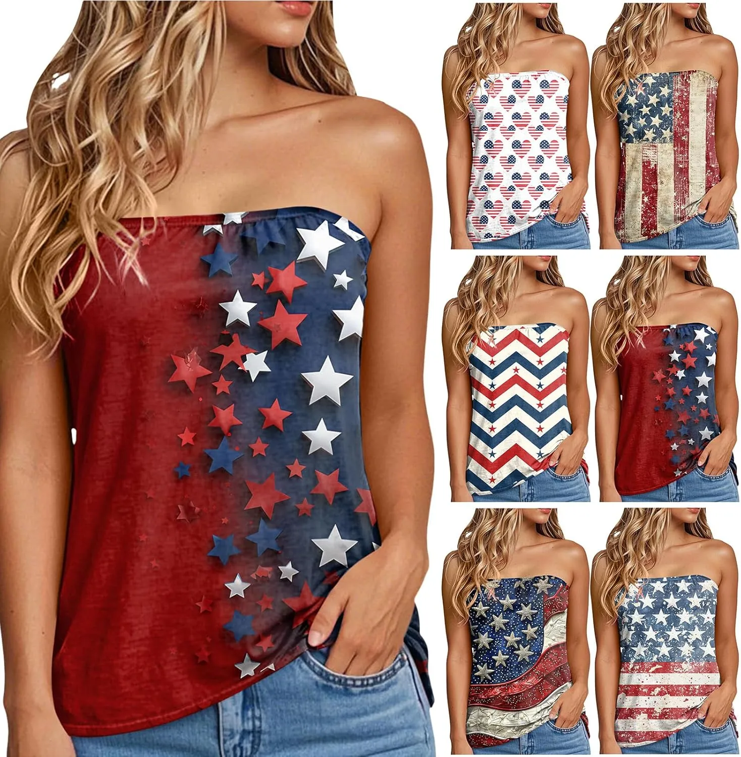 4Th of July Tank Tops for Women 2025 Striped Backless Strapless Top Sleeveless American Flag Smocked Strapless Bandeau Tanks