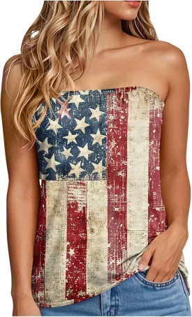 4Th of July Tank Tops for Women 2025 Striped Backless Strapless Top Sleeveless American Flag Smocked Strapless Bandeau Tanks