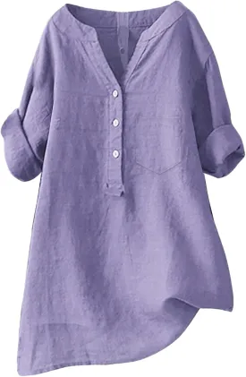 Boho Linen Shirts for Women 2025 Gauze Short Sleeve V Neck Button Loose Fit Blouses Vacation Dress Casual Tunic Tops