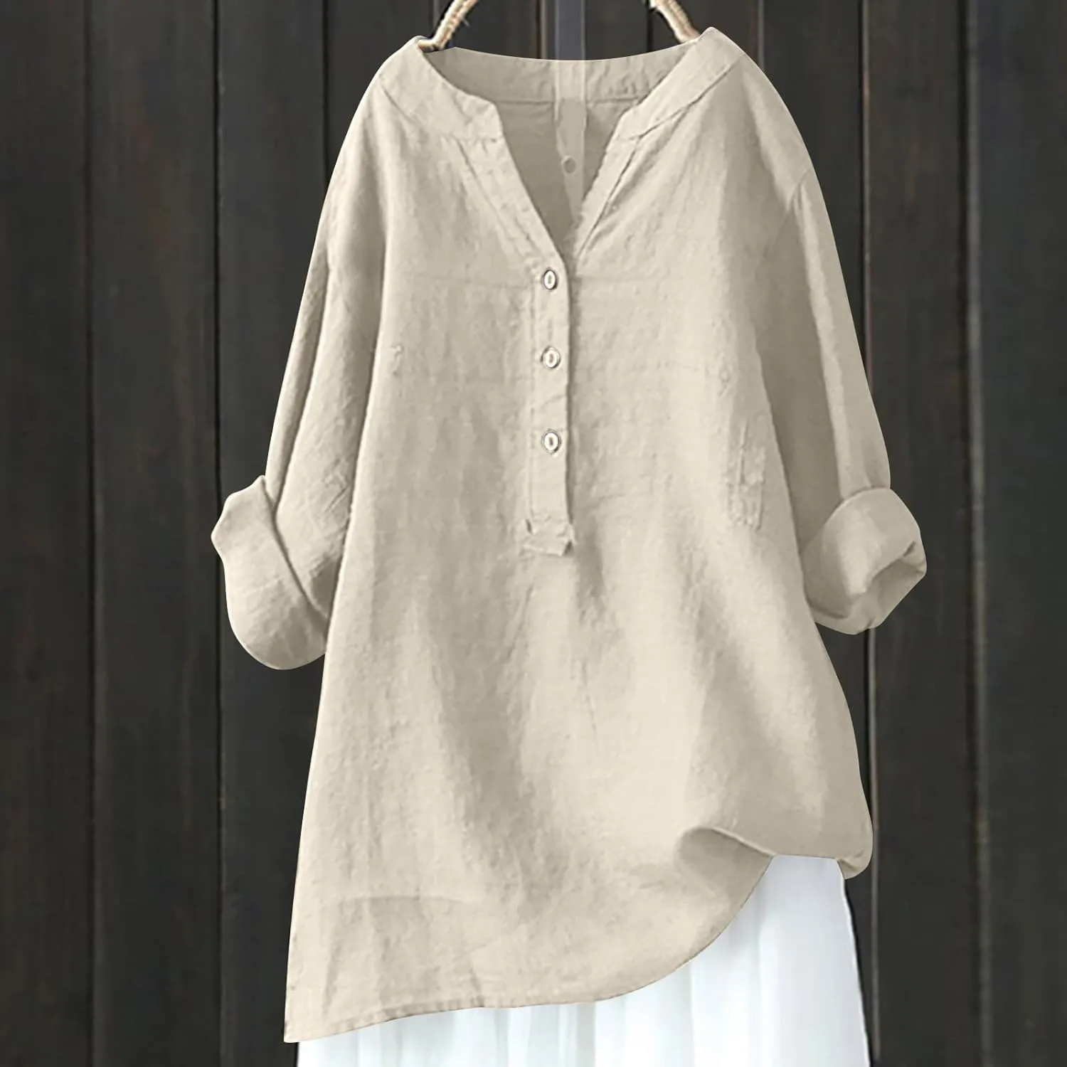 Ceboyel Women Cotton Linen Shirts Button Down Summer Blouse Roll-Up Sleeve Tops Tunic Trendy Boho Ladies Clothes 2023