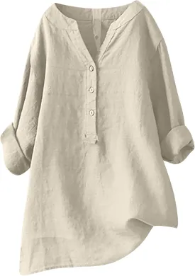 Ceboyel Women Cotton Linen Shirts Button Down Summer Blouse Roll-Up Sleeve Tops Tunic Trendy Boho Ladies Clothes 2023