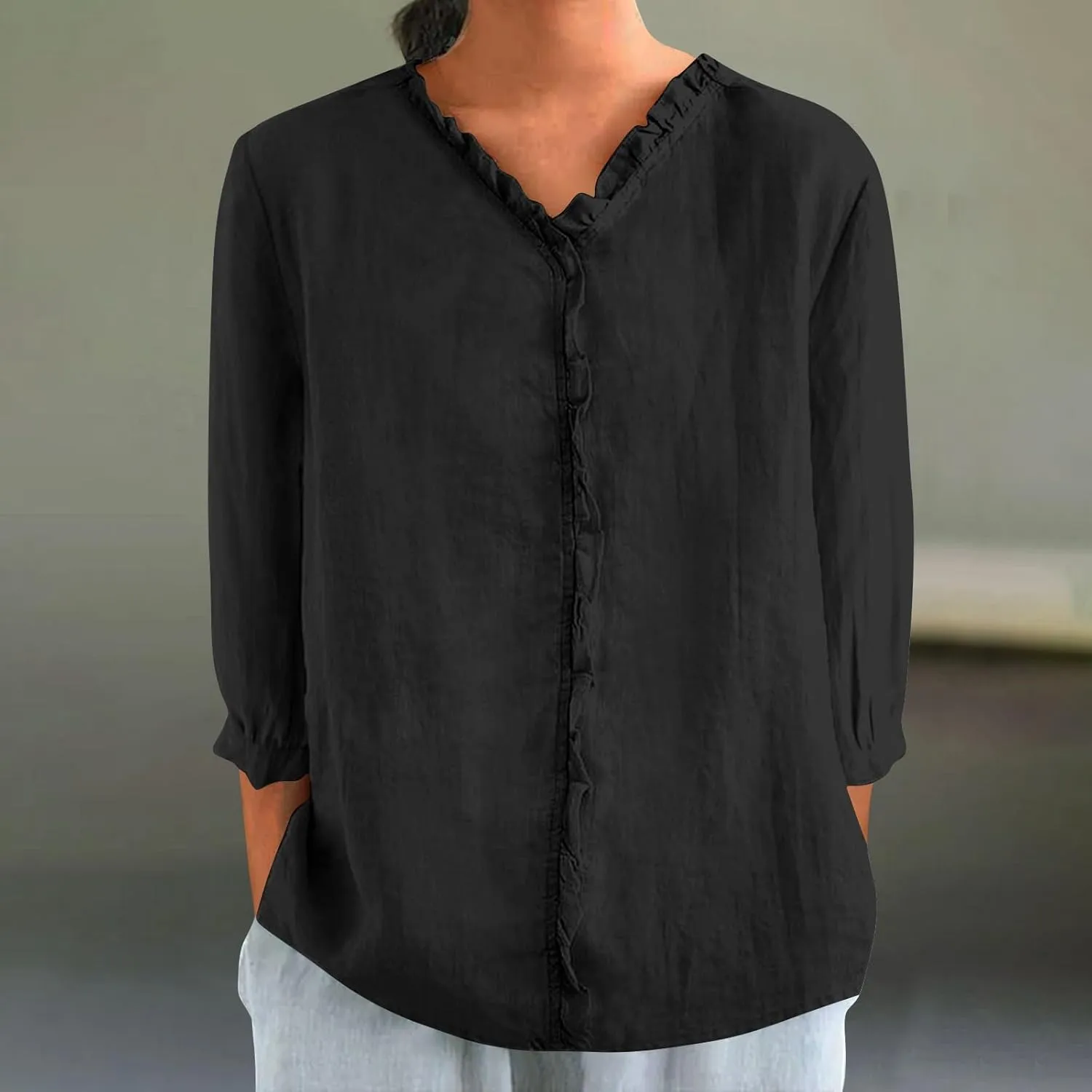 Cotton Linen Tops for Women 3/4 Sleeve Tees Frill Trim V Neck Blouse Cute Summer Vacation Breathable Shirt