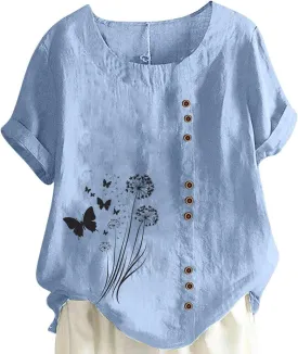 Cotton Linen Tops for Women Loose Fit Casual Roll Up Short Sleeve T-Shirt Trendy Cute Floral Print Blouse 2025 Summer