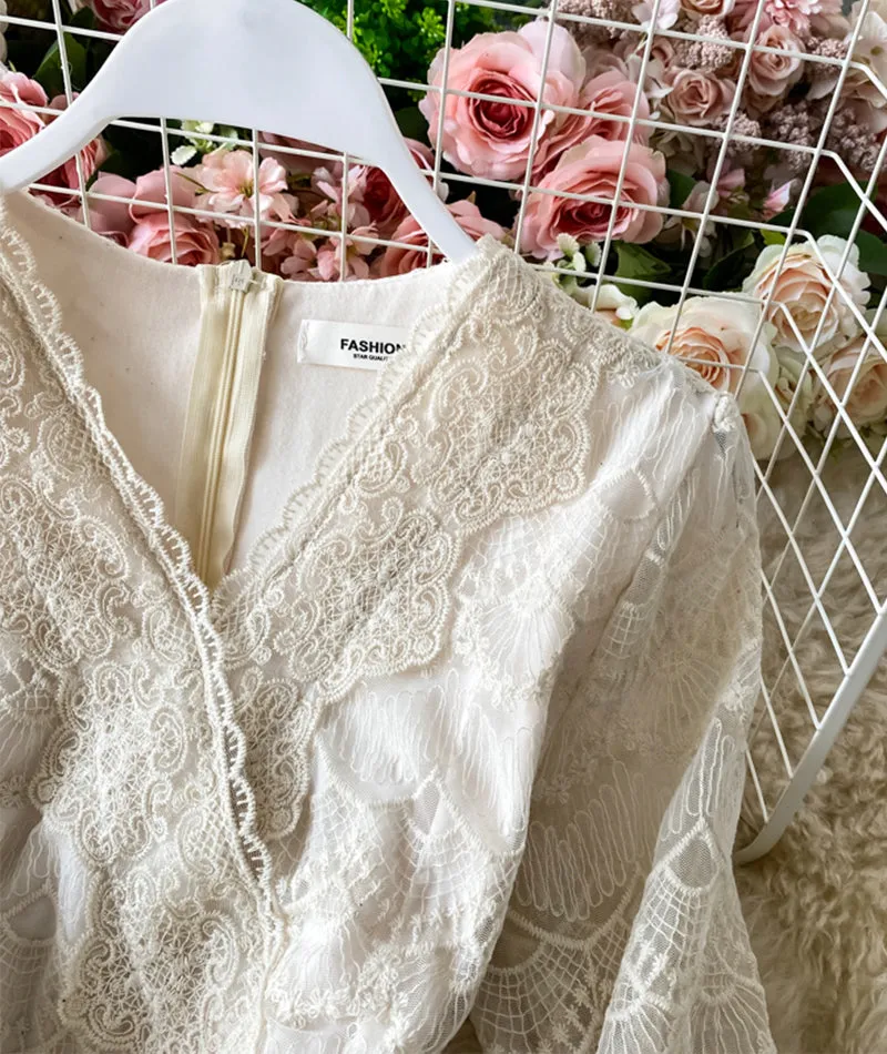 Elegant v neck lace long sleeve dress    S09