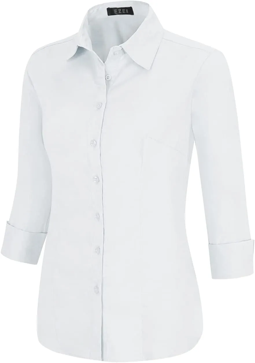EZEN Womens Slim Fit Long Sleeve Stretchy Button Down Collar Shirt Blouse