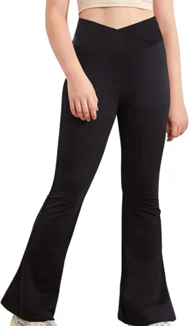 Girls High Waisted Crossover Flare Leggings Yoga Pants Bootcut Bell Bottoms Kids Stretchy Solid Dance Pants Trousers