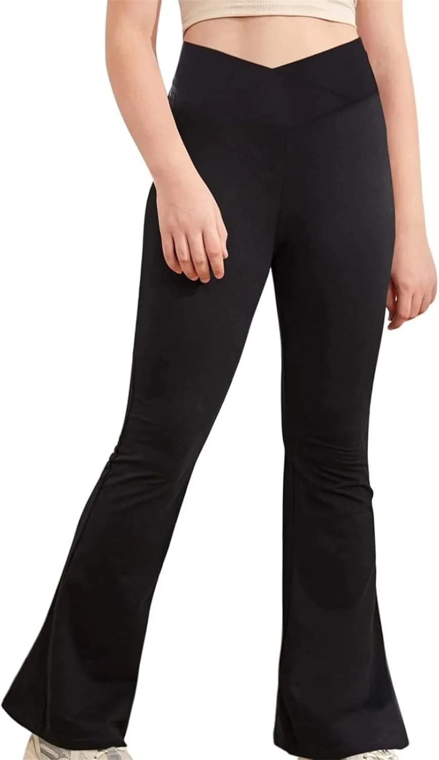 Girls High Waisted Crossover Flare Leggings Yoga Pants Bootcut Bell Bottoms Kids Stretchy Solid Dance Pants Trousers