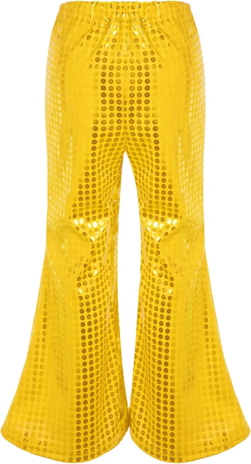 Kids Girls Sparkly Sequins Dance Pants Wide Leg Bell Bottoms Flared Trousers Hip Hop Jazz Disco Performance Costume