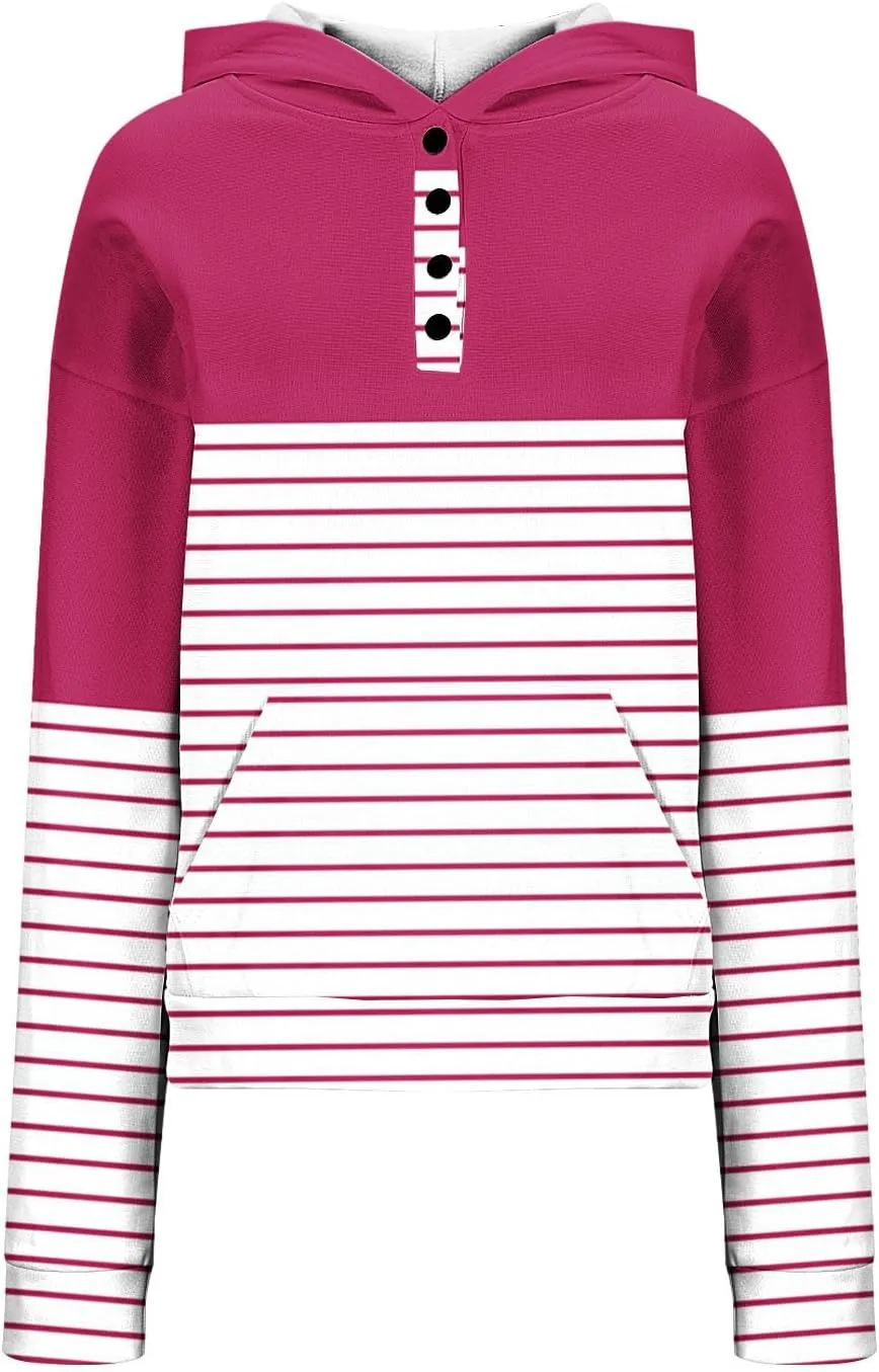 Ladies Stripes Hoodie Women Color Block Hoody Shirt Sweatshirt V Neck Sweater Top with Buttons Long Sleeve Pullover