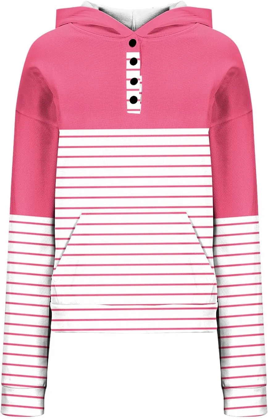 Ladies Stripes Hoodie Women Color Block Hoody Shirt Sweatshirt V Neck Sweater Top with Buttons Long Sleeve Pullover