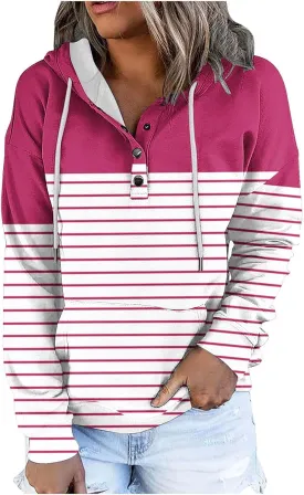 Ladies Stripes Hoodie Women Color Block Hoody Shirt Sweatshirt V Neck Sweater Top with Buttons Long Sleeve Pullover