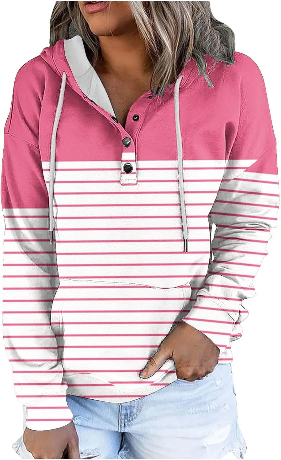 Ladies Stripes Hoodie Women Color Block Hoody Shirt Sweatshirt V Neck Sweater Top with Buttons Long Sleeve Pullover