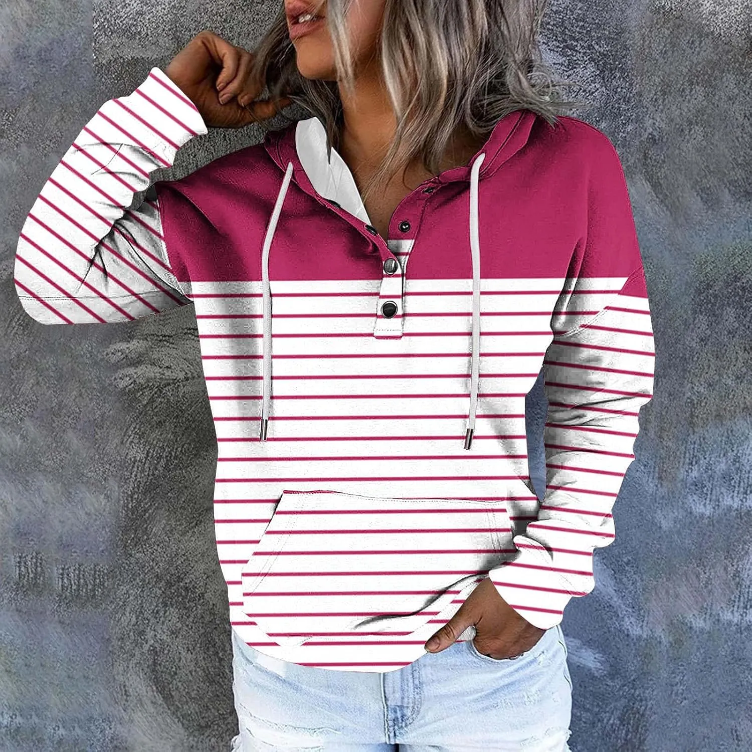 Ladies Stripes Hoodie Women Color Block Hoody Shirt Sweatshirt V Neck Sweater Top with Buttons Long Sleeve Pullover