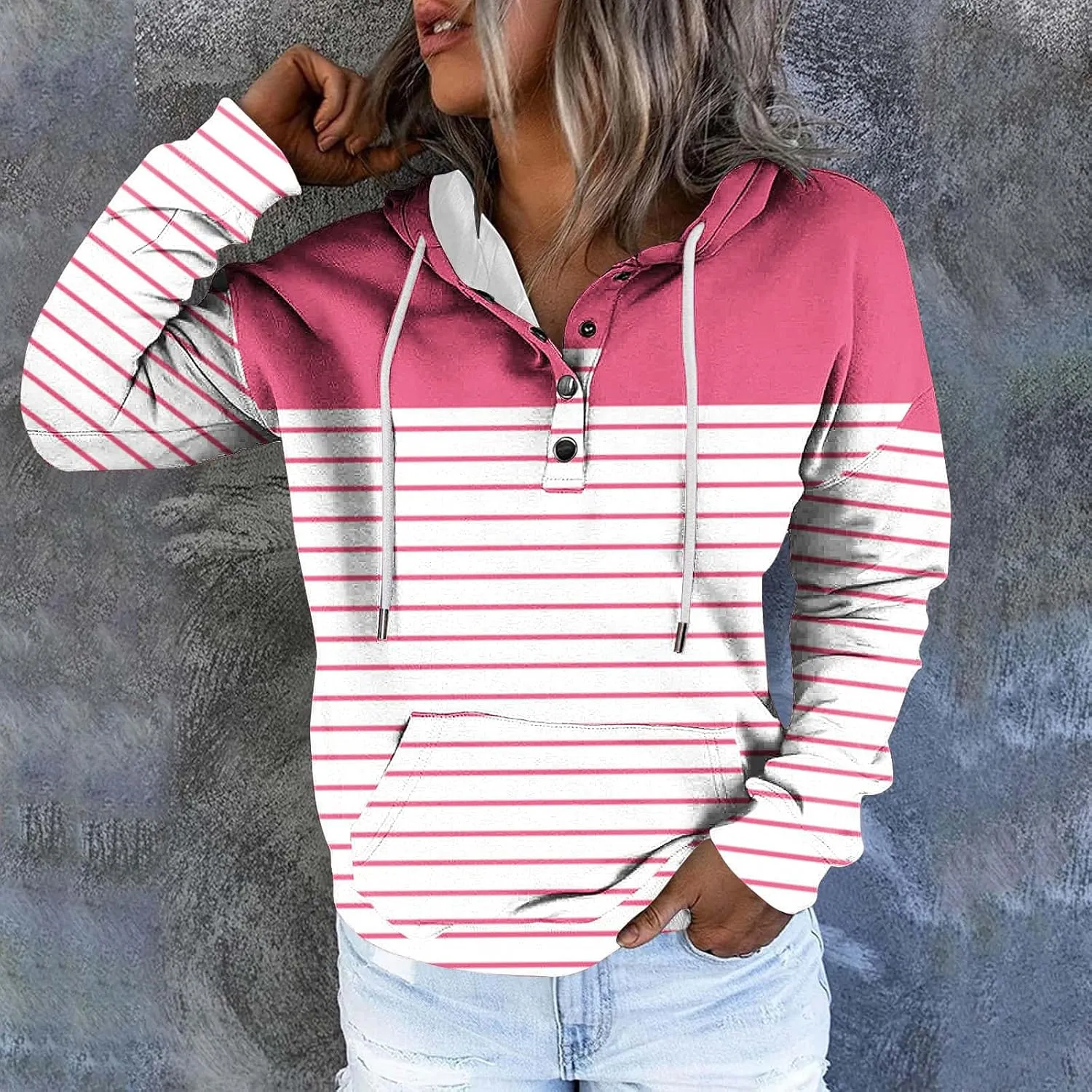 Ladies Stripes Hoodie Women Color Block Hoody Shirt Sweatshirt V Neck Sweater Top with Buttons Long Sleeve Pullover