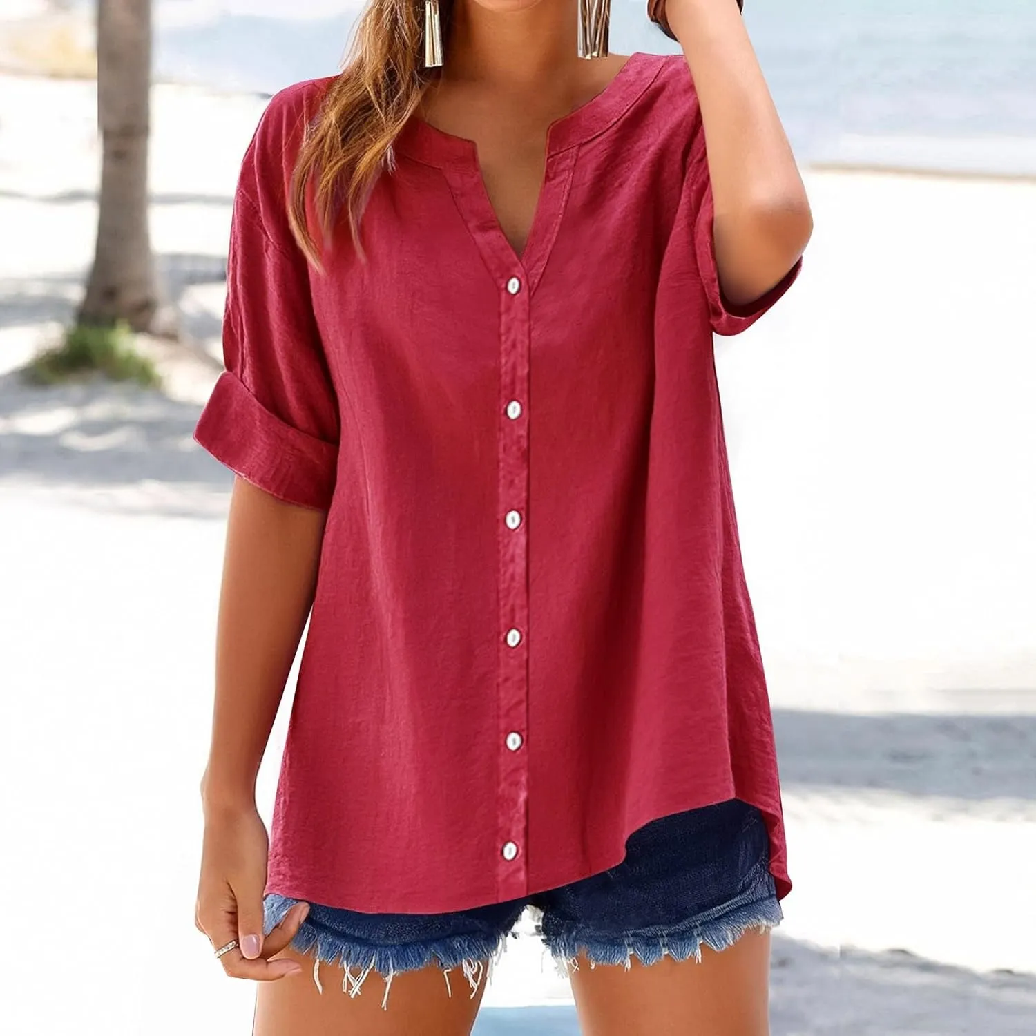 Linen Shirt for Women Button Down Shirts for Women Solid Short Sleeve Tunic Tops Casual V Neck Dressy Blouses