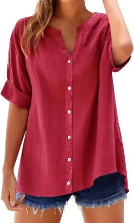 Linen Shirt for Women Button Down Shirts for Women Solid Short Sleeve Tunic Tops Casual V Neck Dressy Blouses