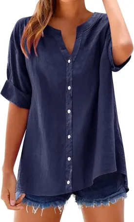 Linen Shirts for Women 2025 Summer Tops Casual Ruffle Short Sleeve V Neck Button Down Loose Fit Tops Shirt