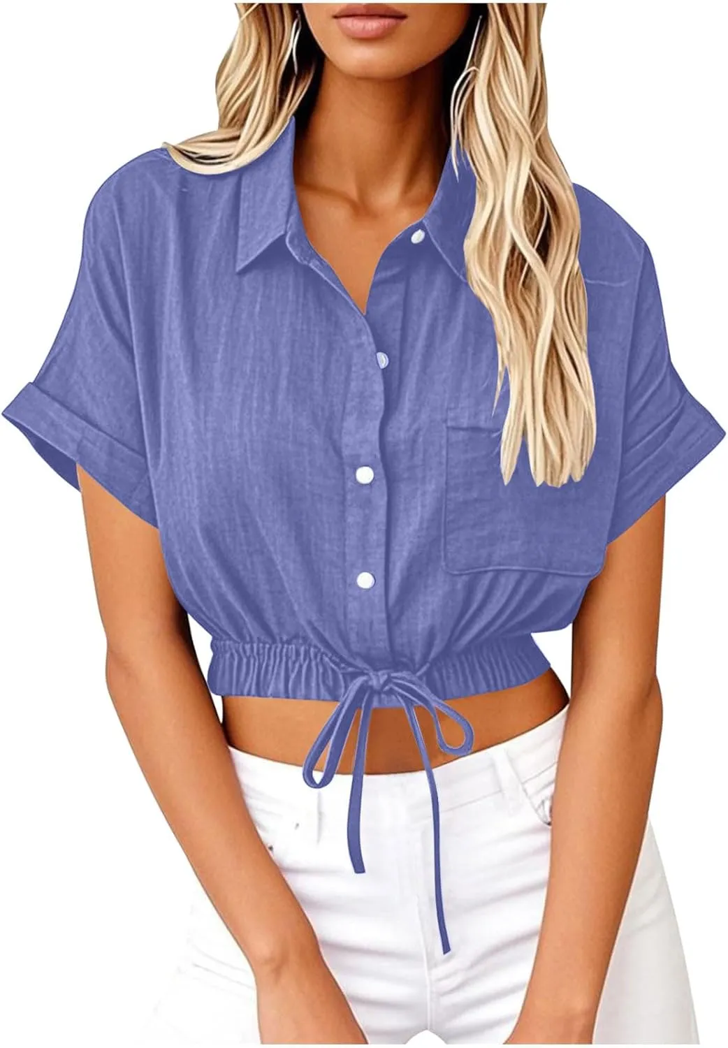 Linen Shirts for Women Casual Sexy Crop Tops Short Sleeve Button Down Blouses V Neck Loose Fit Trendy Tees Shirt