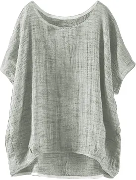 Linen Shirts for Women Summer 2025 Trendy Tunics Crewneck Short Sleeve Gauze Tops Casual Loose Fitted Comfy Blouses