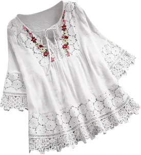 Mexican Embroidered Shirts for Women Boho Tops and Blouses 3/4 Sleeve Bohemian Peasant Summer Plus Size Tunic Top