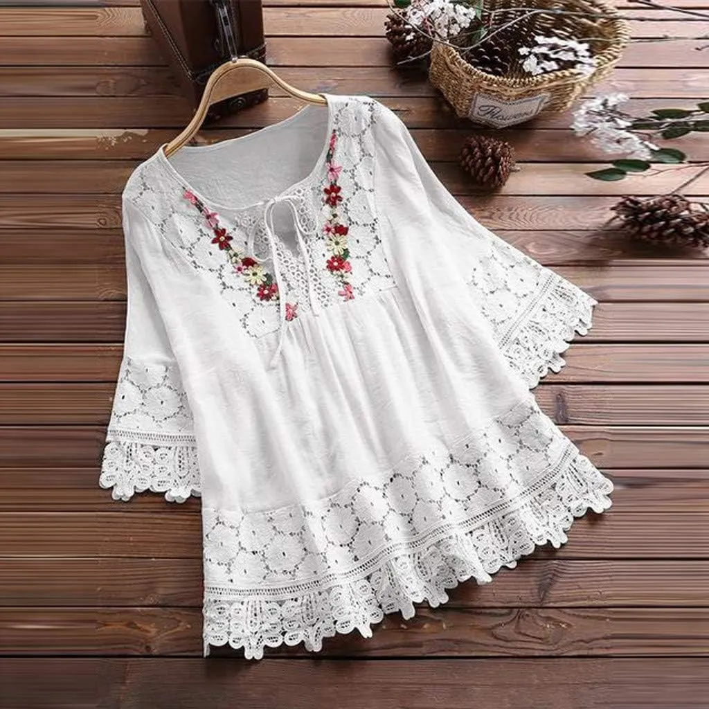 Mexican Embroidered Shirts for Women Boho Tops and Blouses 3/4 Sleeve Bohemian Peasant Summer Plus Size Tunic Top