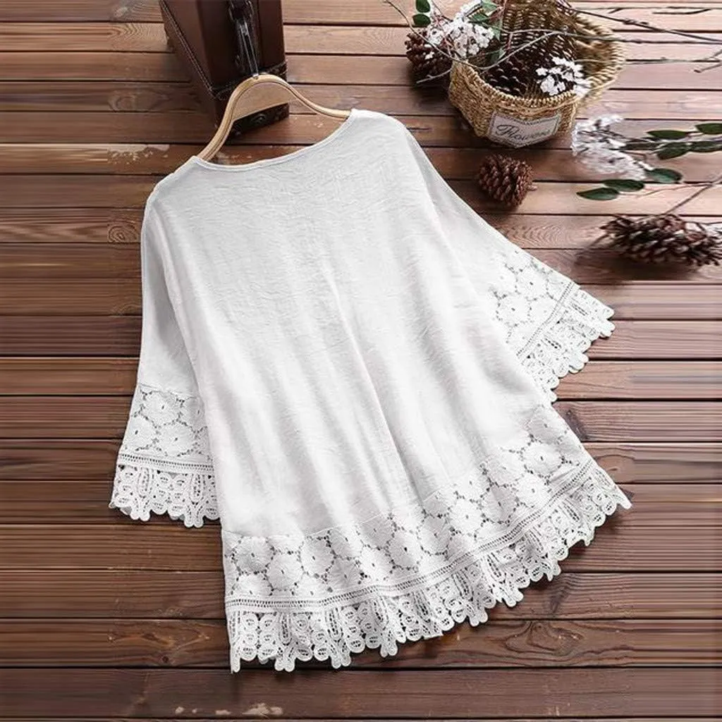 Mexican Embroidered Shirts for Women Boho Tops and Blouses 3/4 Sleeve Bohemian Peasant Summer Plus Size Tunic Top