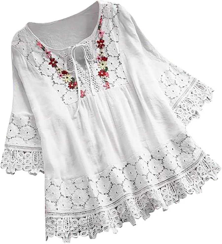 Mexican Embroidered Shirts for Women Boho Tops and Blouses 3/4 Sleeve Bohemian Peasant Summer Plus Size Tunic Top