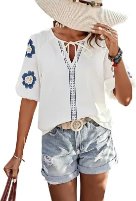 Mexican Embroidered Tops for Women Floral Short Sleeve Boho Tops Bow Tie V Neck Peasant Blouse Loose Summer Tops