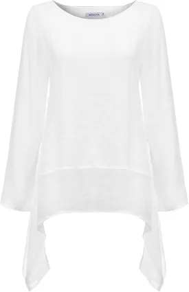Mzkdieey Oversized Cotton Linen Shirts for Women High Low Hem Asymmetrical Tops Summer Casual Crewneck Long Sleeve Blouse