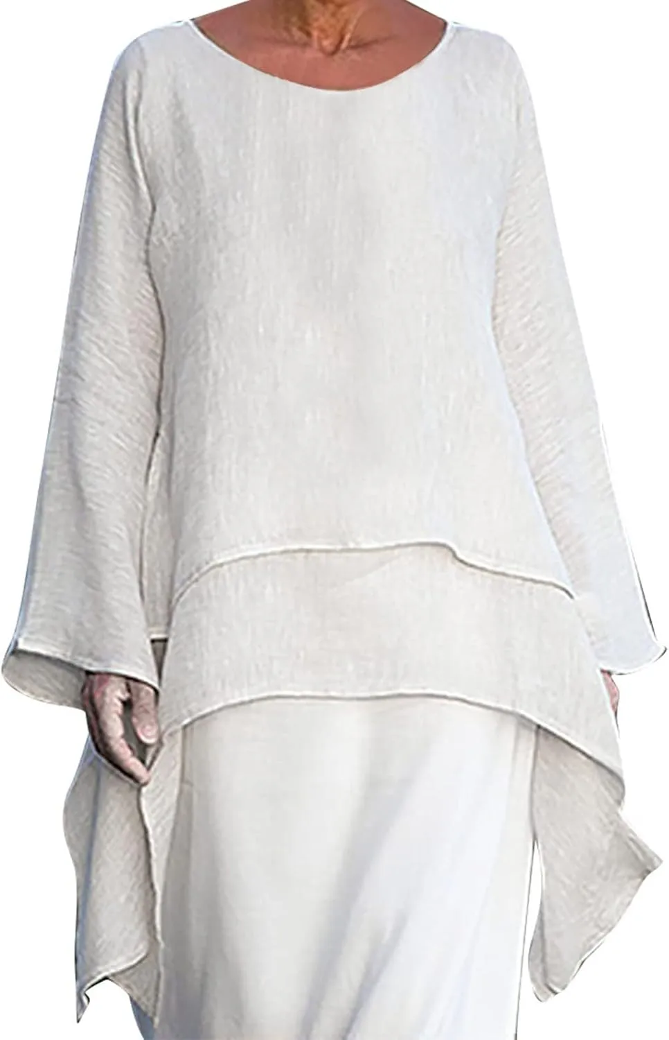 Mzkdieey Oversized Cotton Linen Shirts for Women High Low Hem Asymmetrical Tops Summer Casual Crewneck Long Sleeve Blouse