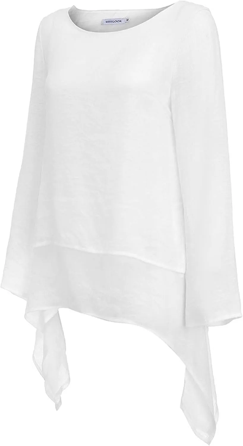 Mzkdieey Oversized Cotton Linen Shirts for Women High Low Hem Asymmetrical Tops Summer Casual Crewneck Long Sleeve Blouse