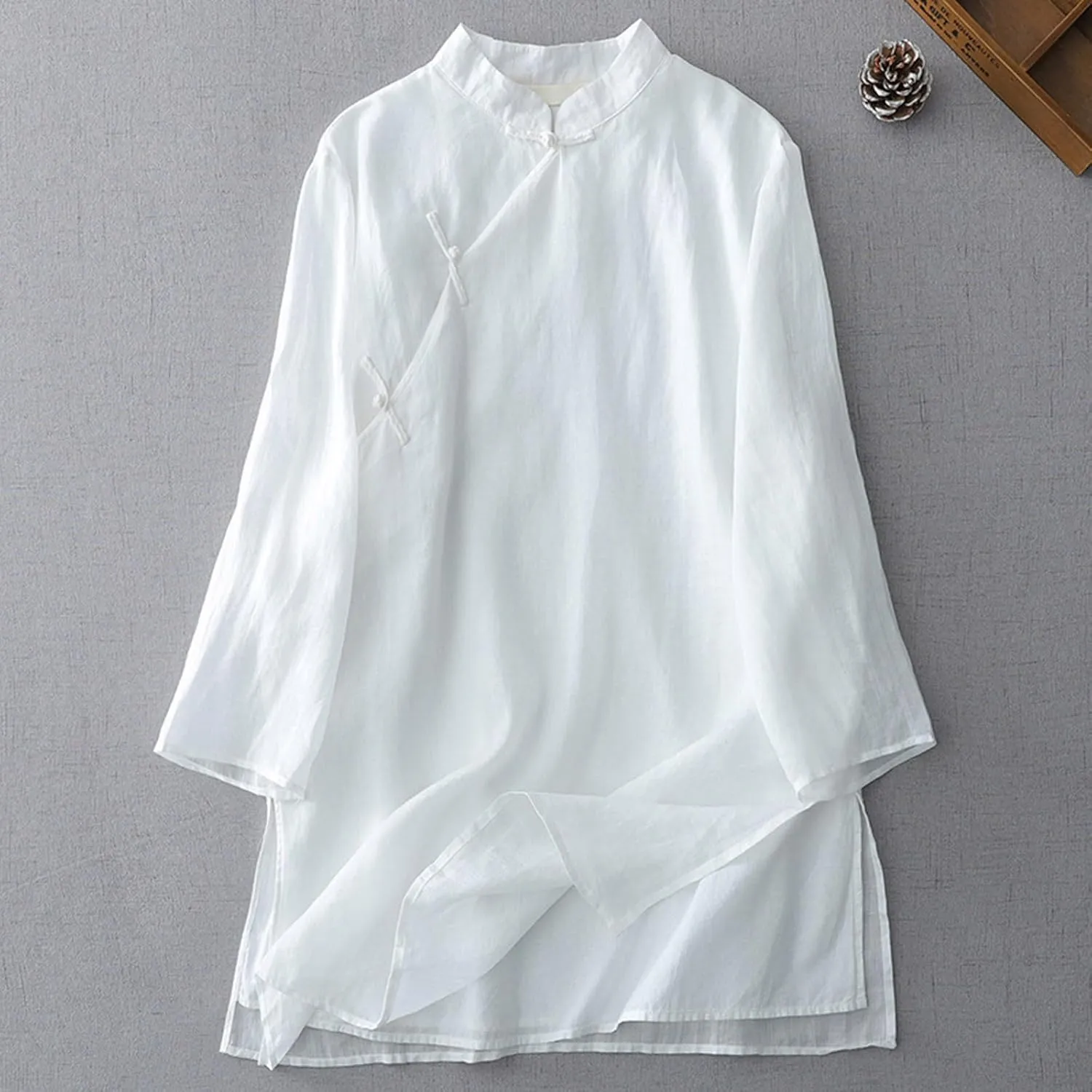 Mzkdieey Women's Cotton Linen Retro Chinese Frog Button Shirts Traditional Mandarin Collar Tops Plus Size Long Sleeve Blouse
