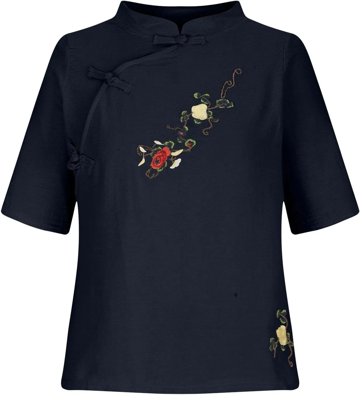 Mzkdieey Women's Cotton Linen Retro Chinese Frog Button Tops Floral Embroidered Shirts Mandarin Collar Long Sleeve Blouses