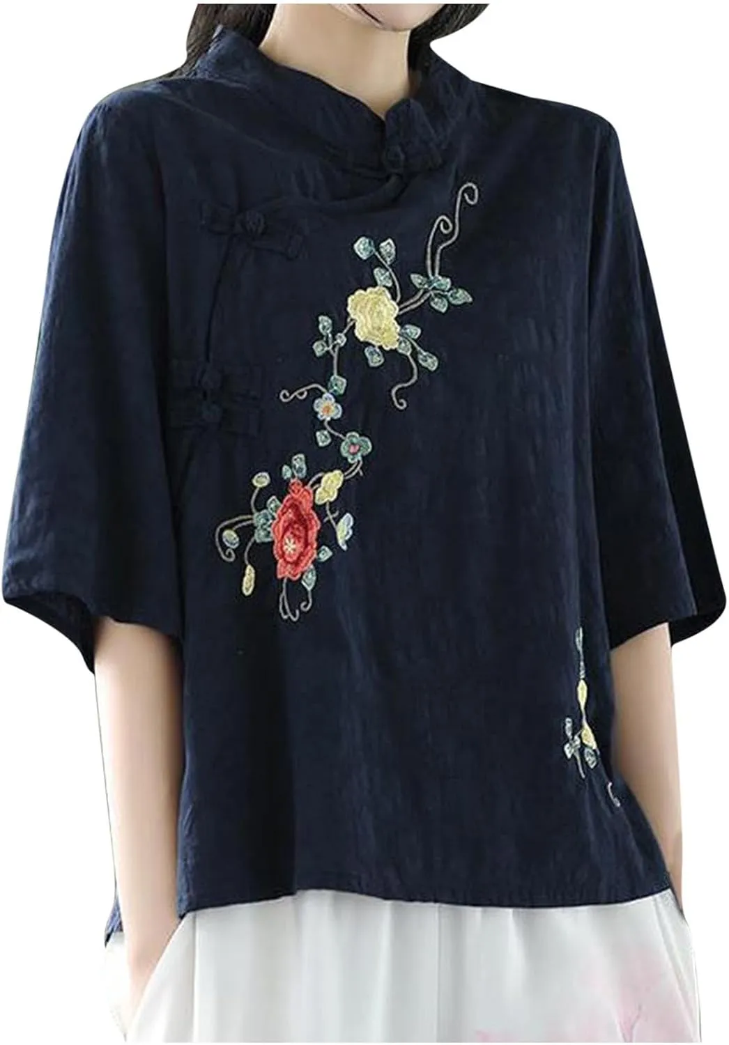 Mzkdieey Women's Cotton Linen Retro Chinese Frog Button Tops Floral Embroidered Shirts Mandarin Collar Long Sleeve Blouses