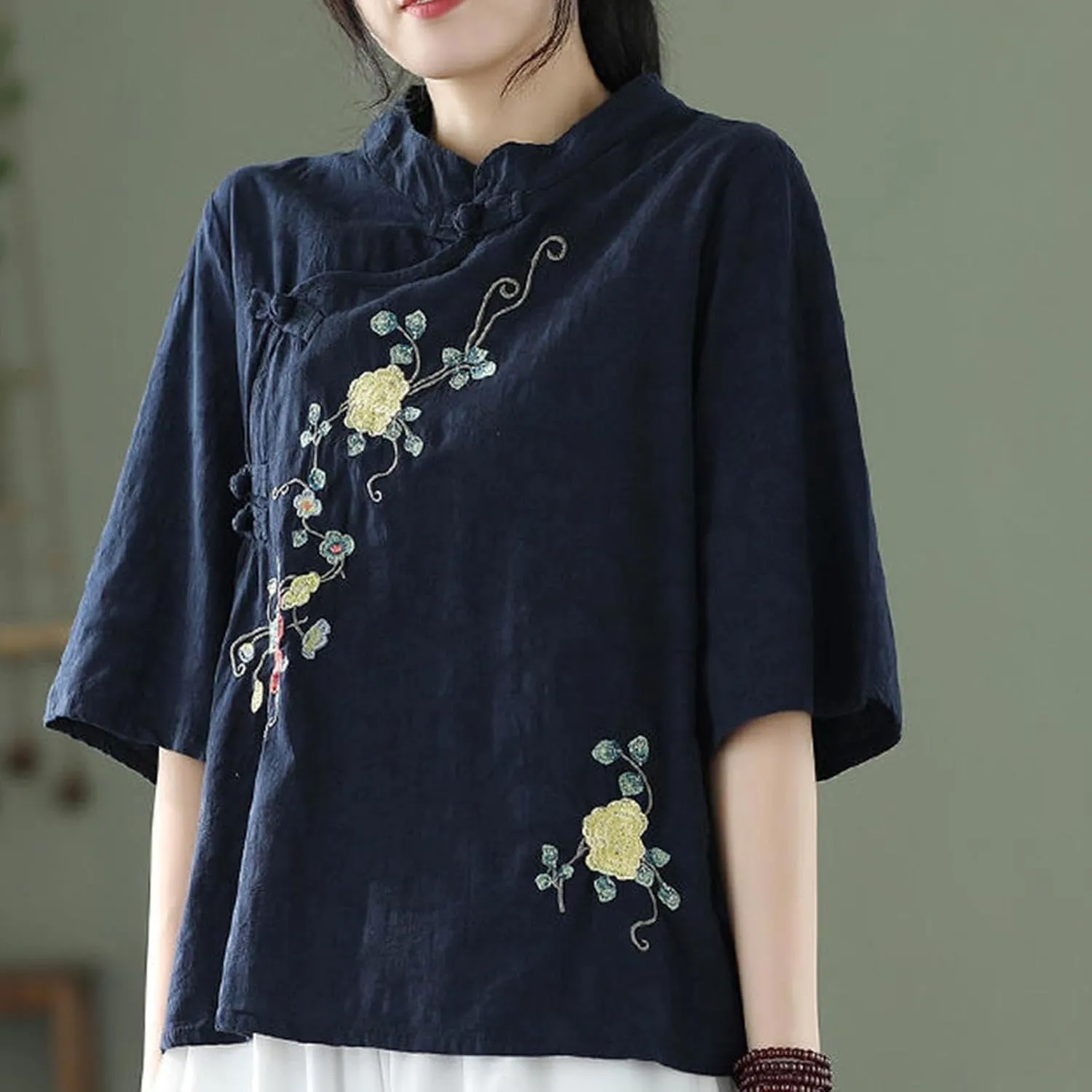 Mzkdieey Women's Cotton Linen Retro Chinese Frog Button Tops Floral Embroidered Shirts Mandarin Collar Long Sleeve Blouses