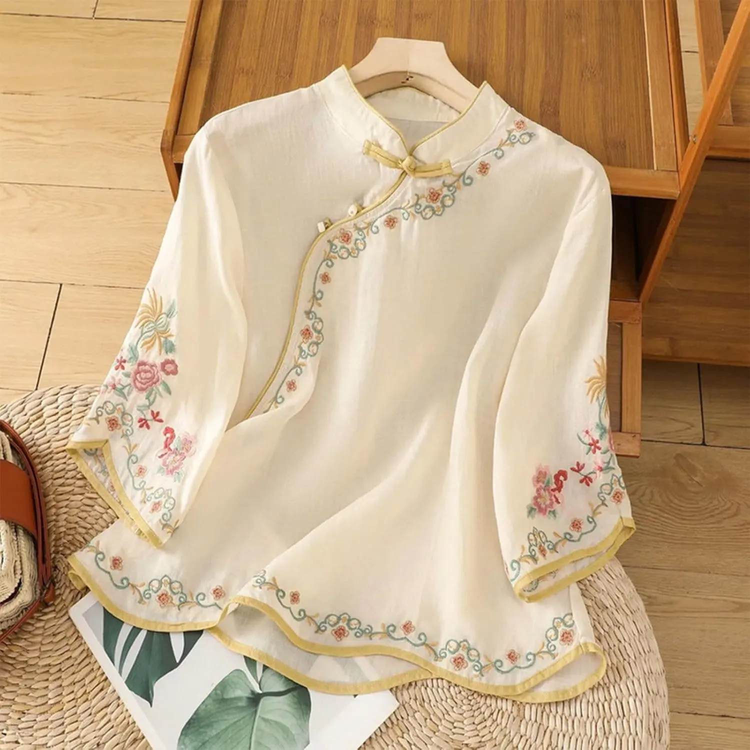 Oplxuo Blouses for Women Dressy Casual Ruffle 3/4 Length Sleeve Womens Tops V Neck Button Loose Tshirts Trendy Summer Shirts