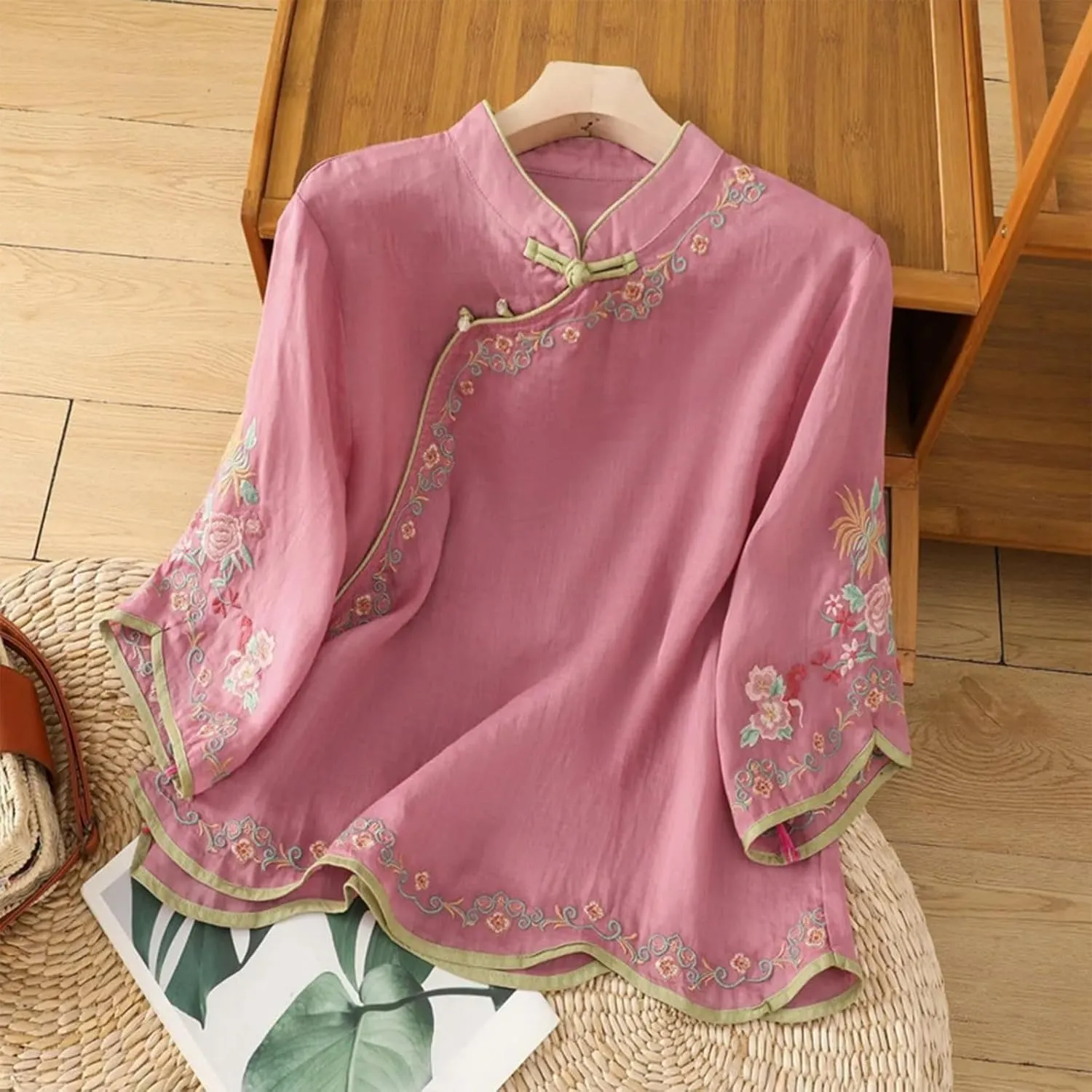 Oplxuo Blouses for Women Dressy Casual Ruffle 3/4 Length Sleeve Womens Tops V Neck Button Loose Tshirts Trendy Summer Shirts