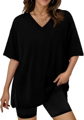 Plus Size Tops for Women Oversized Tshirts Short Sleeve V Neck Tunic Side Slit Blouse Dressy Plain Basic Tees
