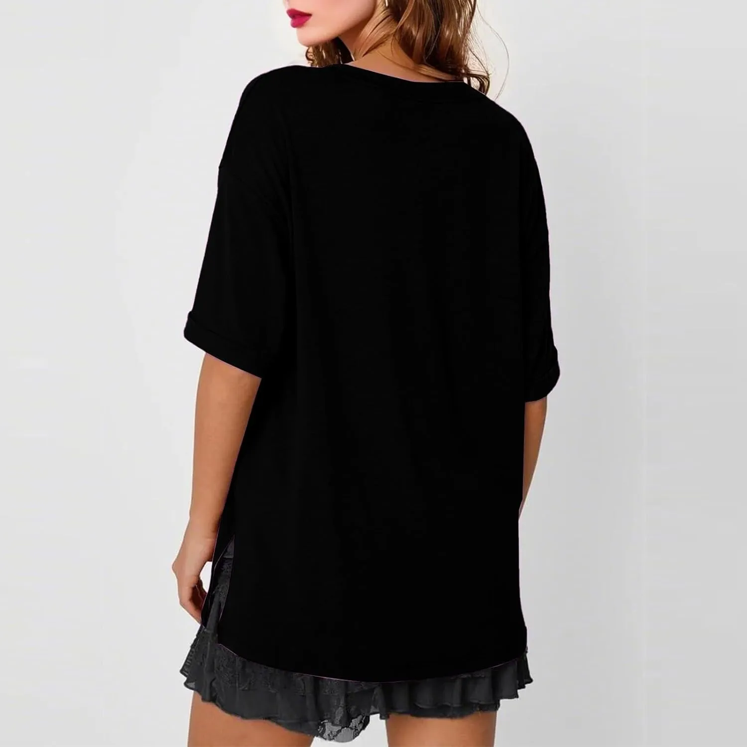 Plus Size Tops for Women Oversized Tshirts Short Sleeve V Neck Tunic Side Slit Blouse Dressy Plain Basic Tees