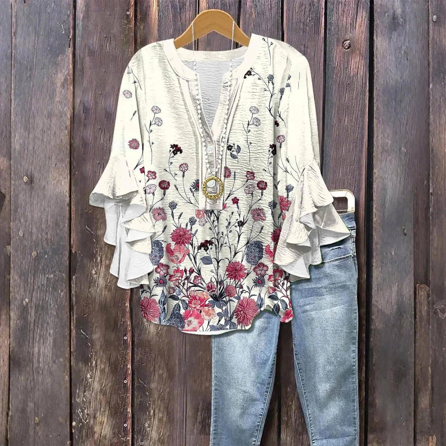 Ruffle 3/4 Length Sleeve Womens Tops,Summer Button V Neck Shirts Vintage Blouse Casual Loose Tunic Tops Graphic Tees